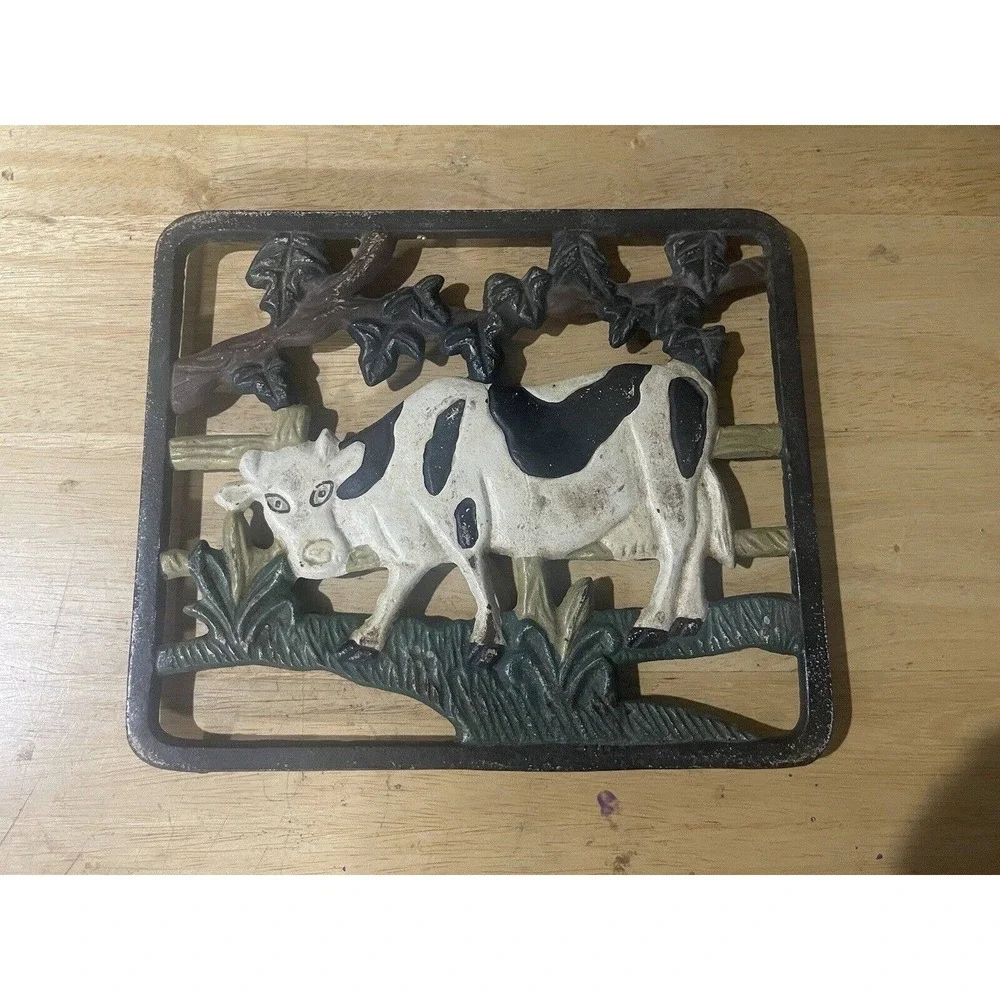 VINTAGE‎ CAST IRON JERSEY COW TRIVET HOT PAD KITCHEN DECOR PAINTED 10